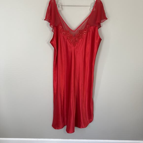 VTG GLAMOROUS SHINY Liquid SATIN Maxi Midi Dress SLIP Long GOWN Beaded Red 2X - Picture 5 of 8